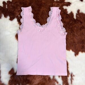 Pink Lace Trim Ribbed Tank- Size M/L